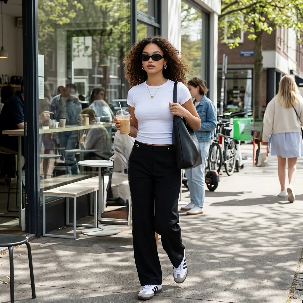 casual friday summer outfits with sneakers 2026 White Tee And Black Trousers With Coffee-Run Polish