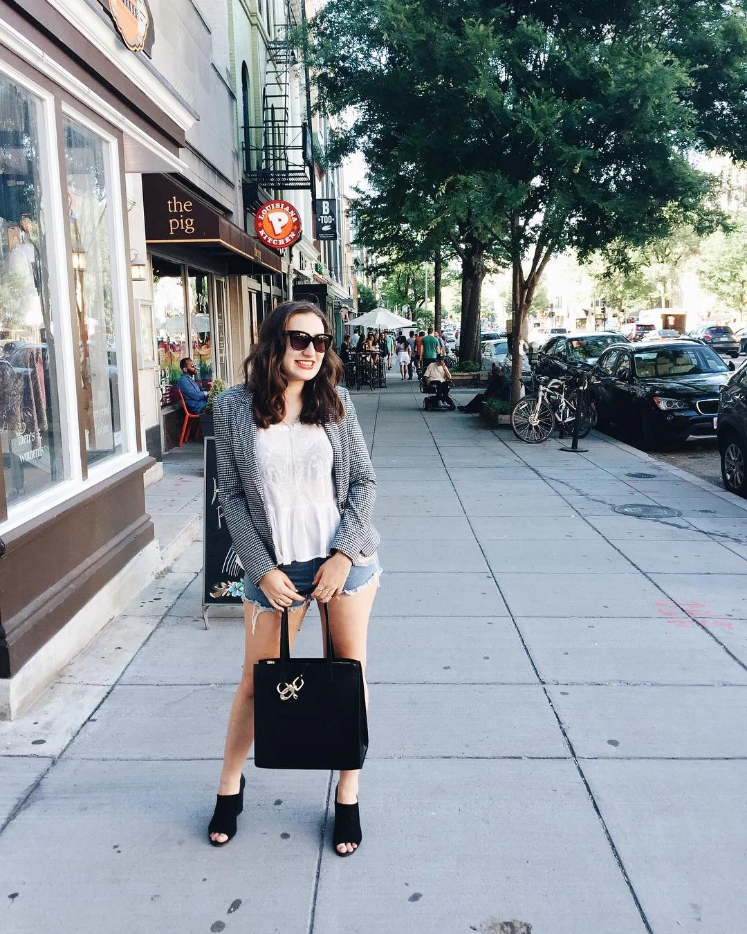 casual summer blazer outfits 2026 Checked Blazer With Denim Shorts And Black Accessories