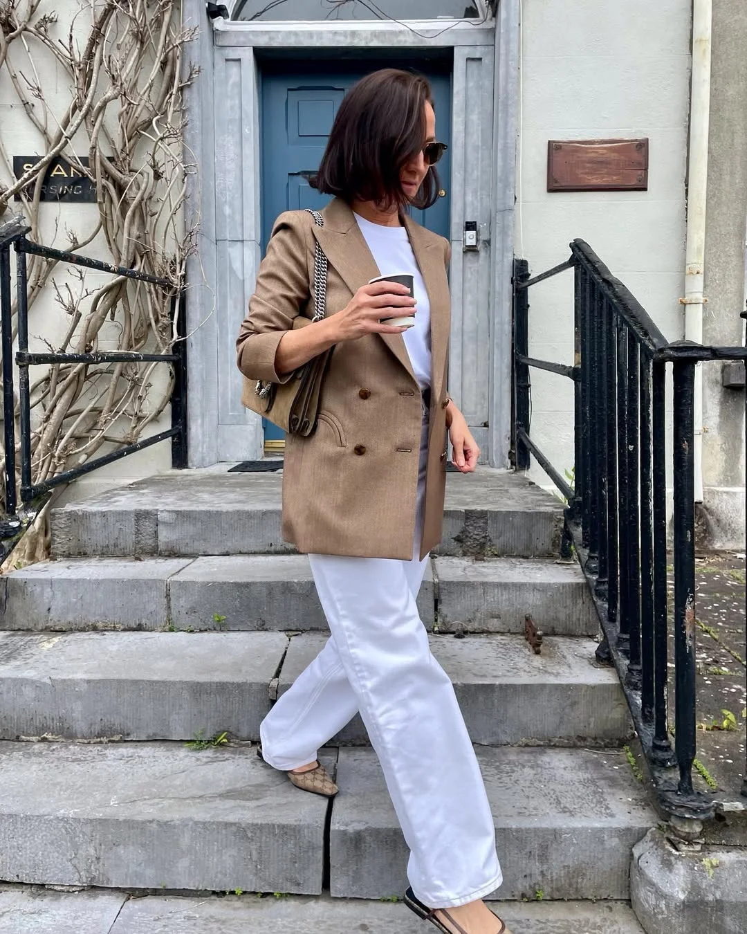 casual summer blazer outfits 2026 Camel Blazer With White Denim And A Simple Tee