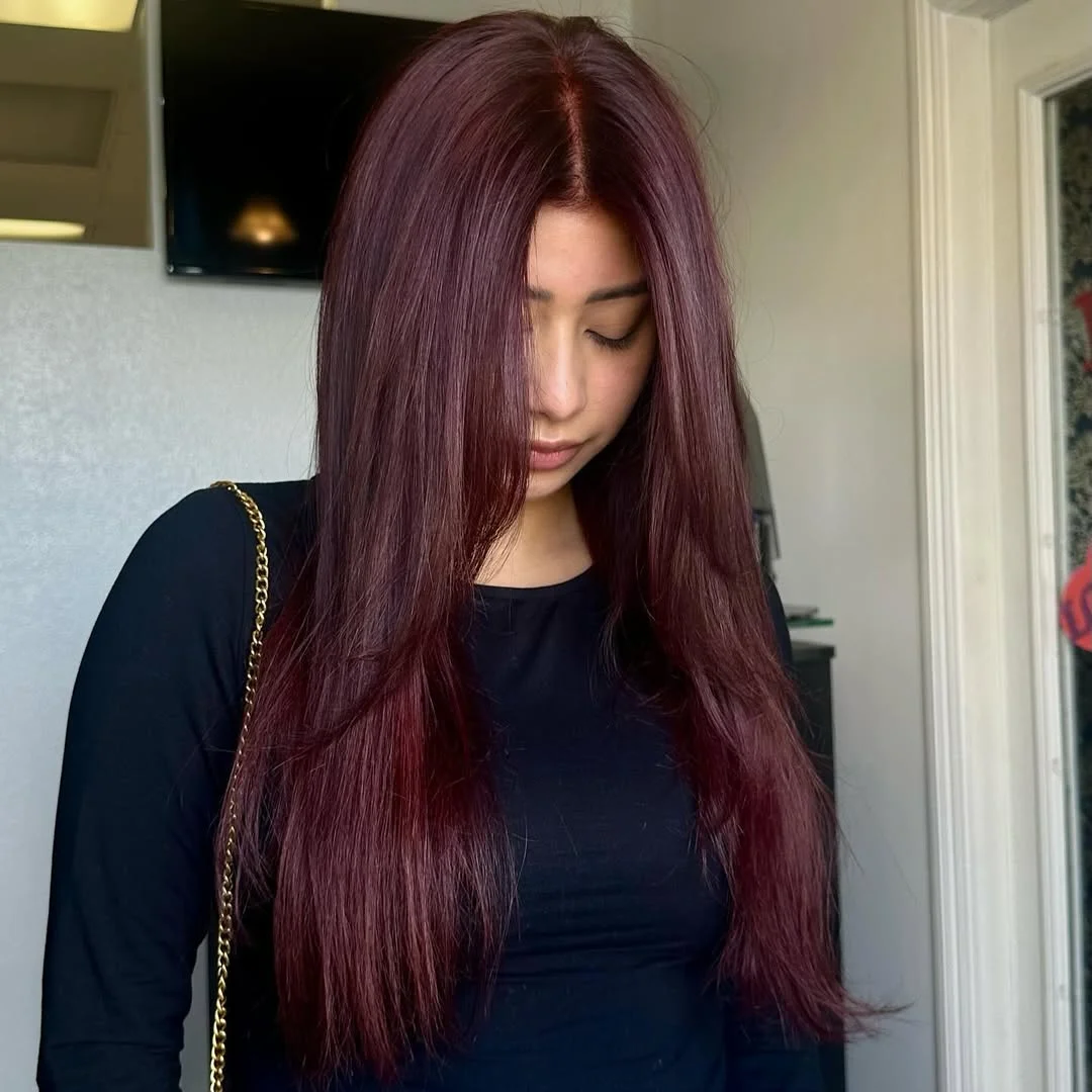 cherry summer red hair color 2026 + Deep Plum Cherry Lengths With Minimalist Black Styling