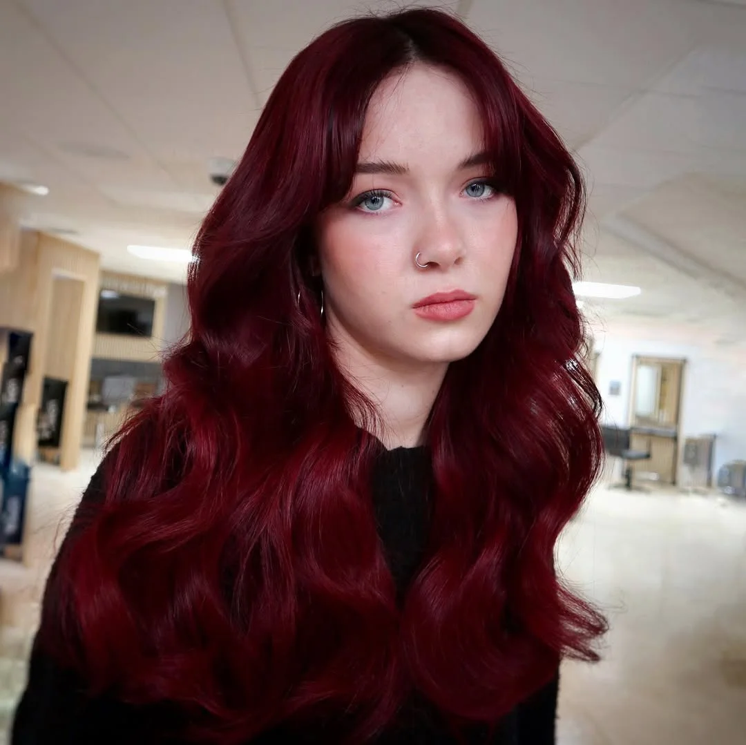 cherry summer red hair color 2026 + Ruby Cherry Waves With Soft Curtain Bangs