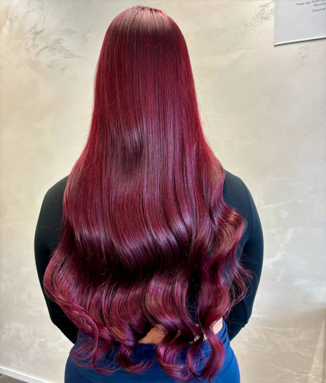 cherry summer red hair color 2026 + Merlot Cherry Length With Glossy S-Waves
