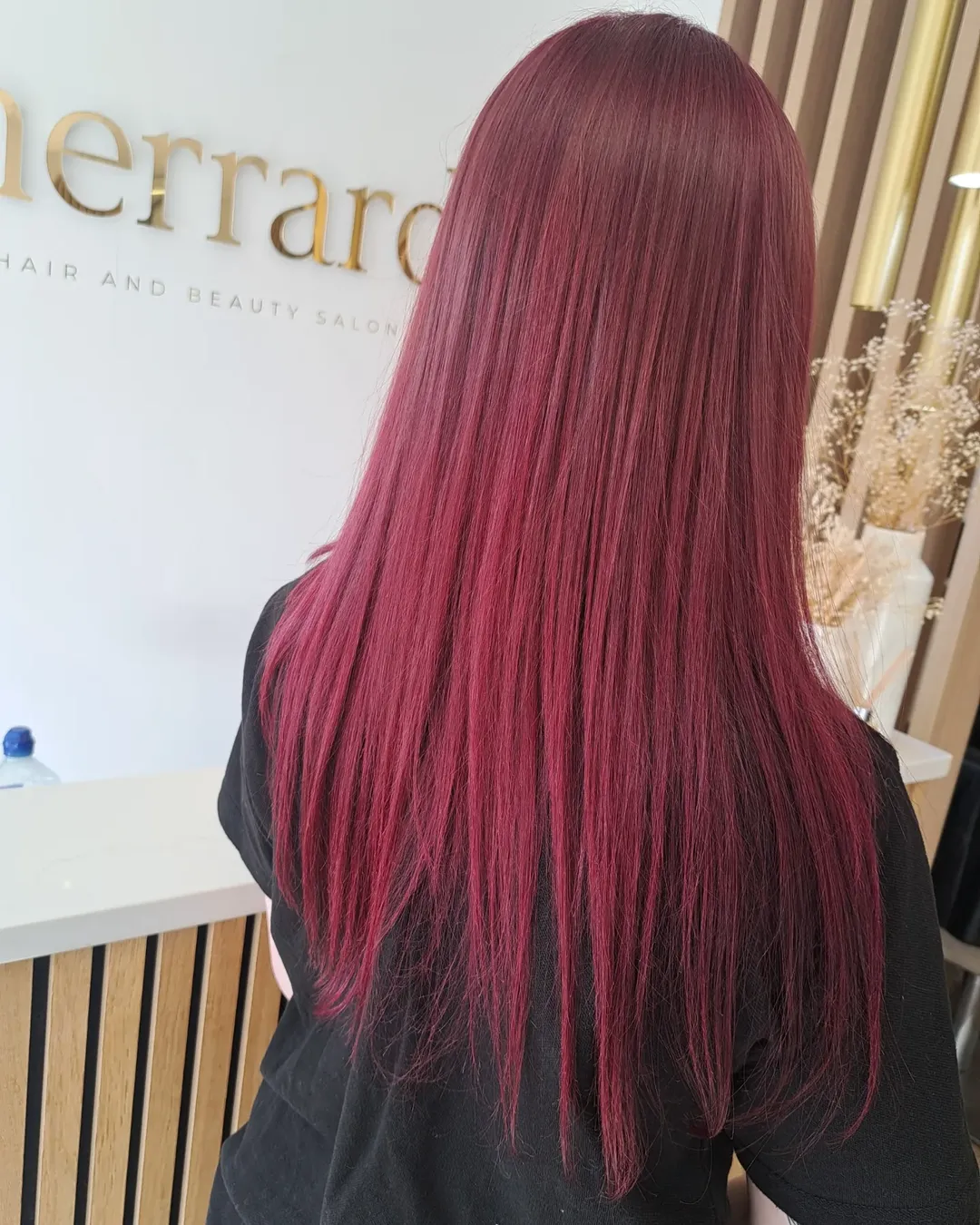 cherry summer red hair color 2026 + Muted Cherry Mauve Straight Hair With a Sleek Finish