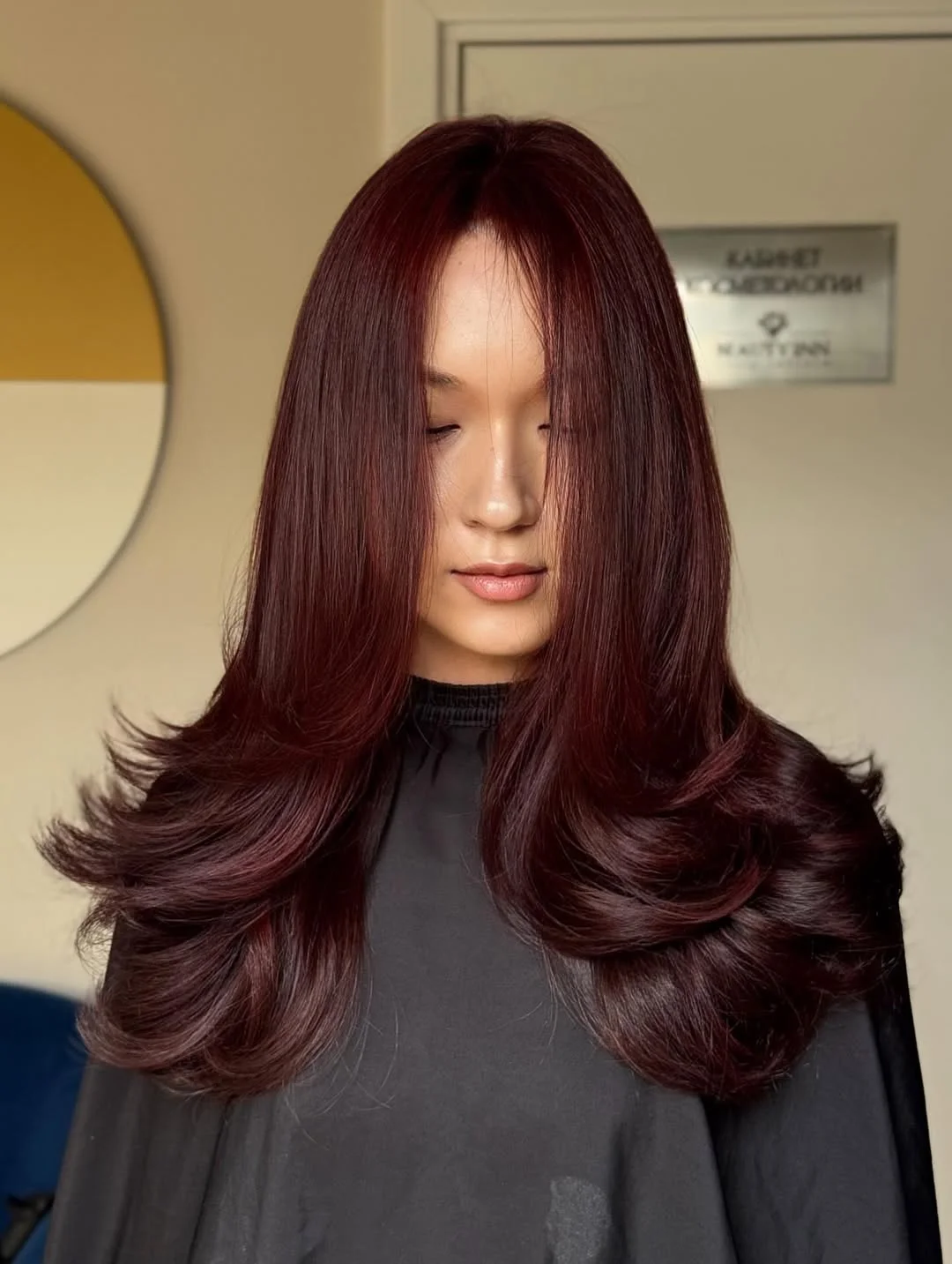 cherry summer red hair color 2026 + Chocolate Cherry Layers With a Polished Blowout