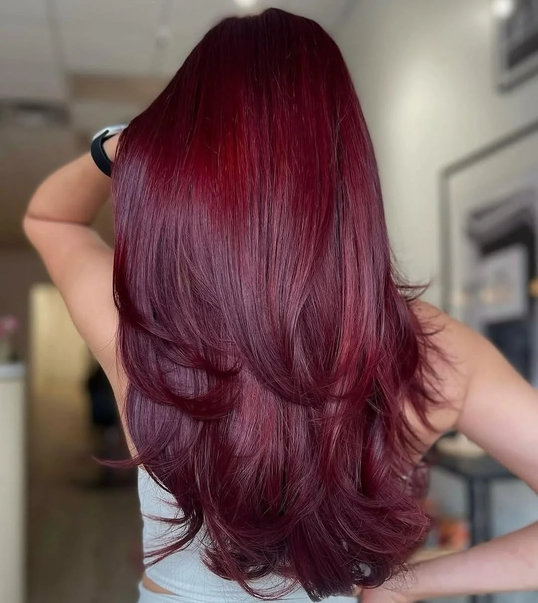 cherry summer red hair color 2026 + Deep Burgundy Butterfly Layers With a Plum Glow