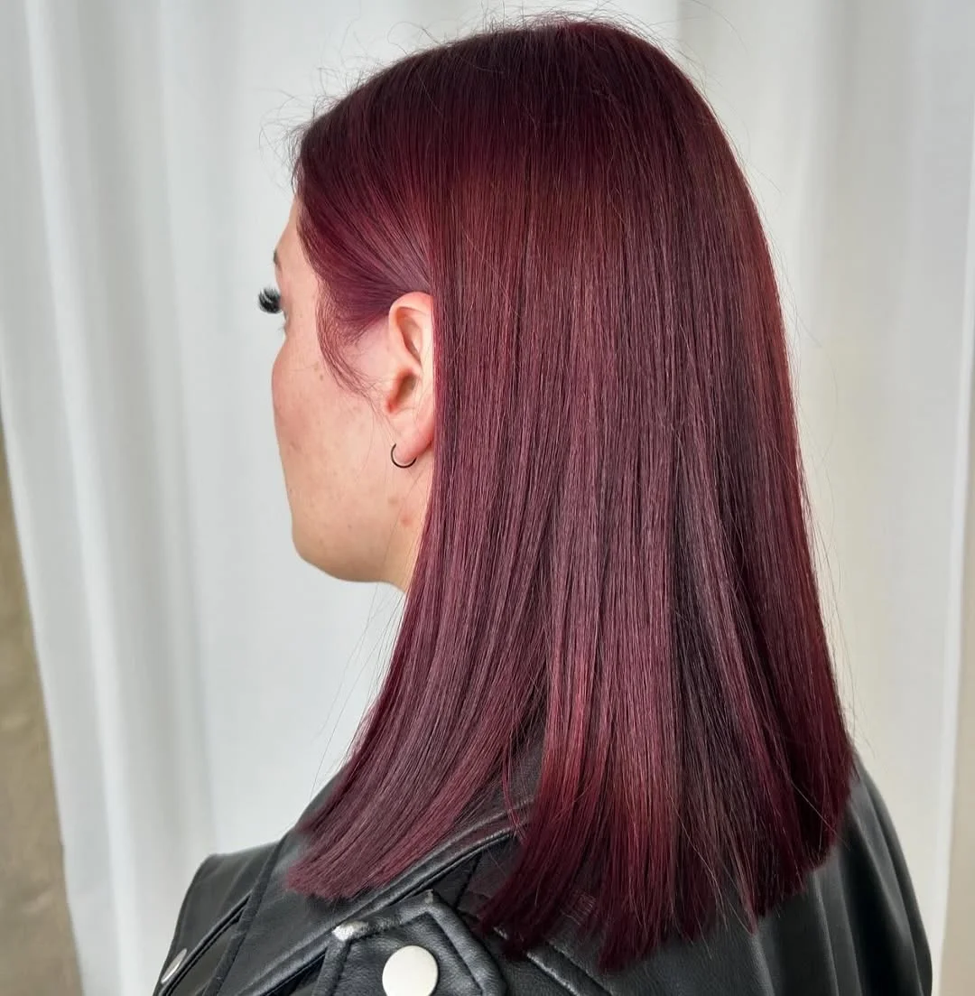 cherry summer red hair color 2026 + Sleek Plum Cherry Lob With a Sharp Modern Finish
