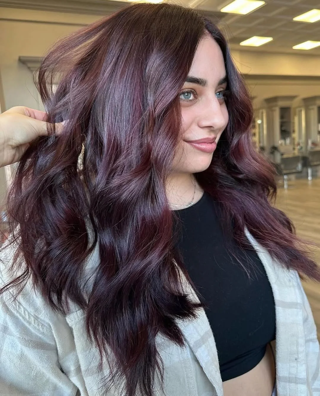 cherry summer red hair color 2026 + Dark Chocolate Cherry Waves With Soft Face Framing