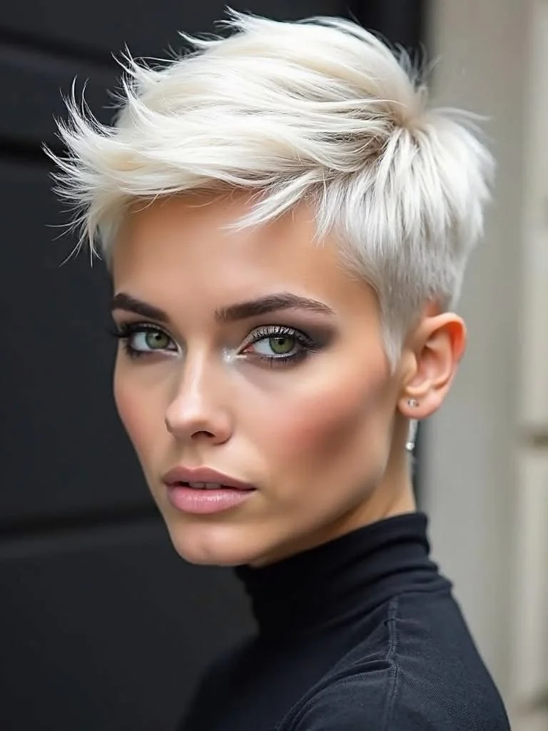 choppy summer haircuts for thin fine hair 2026 + Platinum Piecey Pixie With Swept Summer Texture