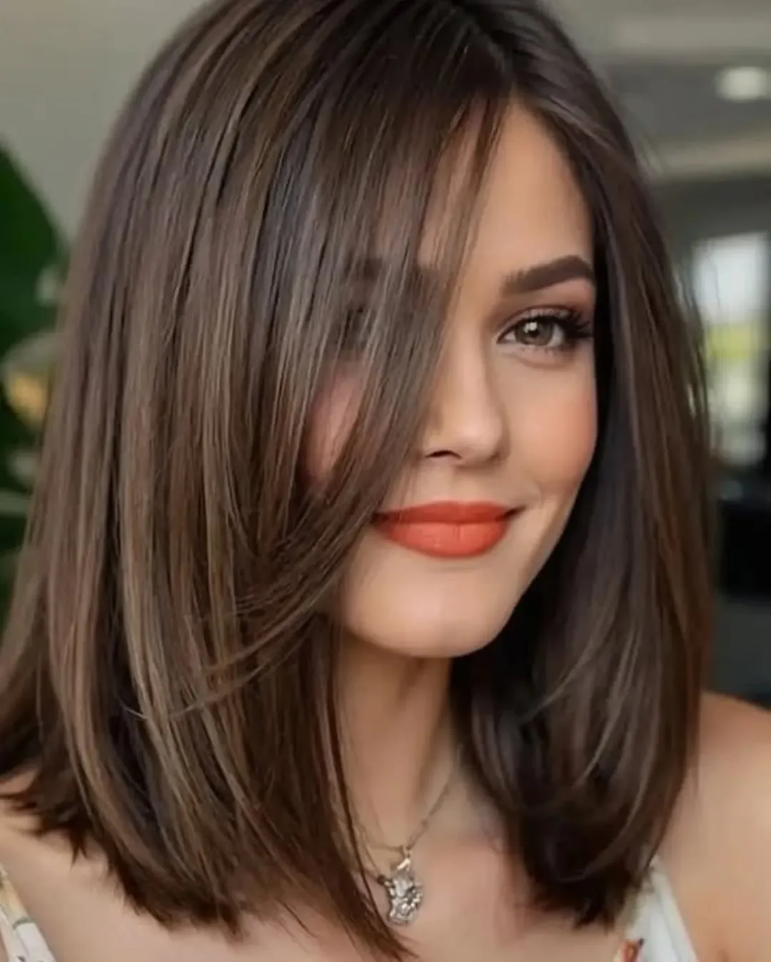 choppy summer haircuts for thin fine hair 2026 + Glossy Brunette Midi Bob With a Long Side Sweep