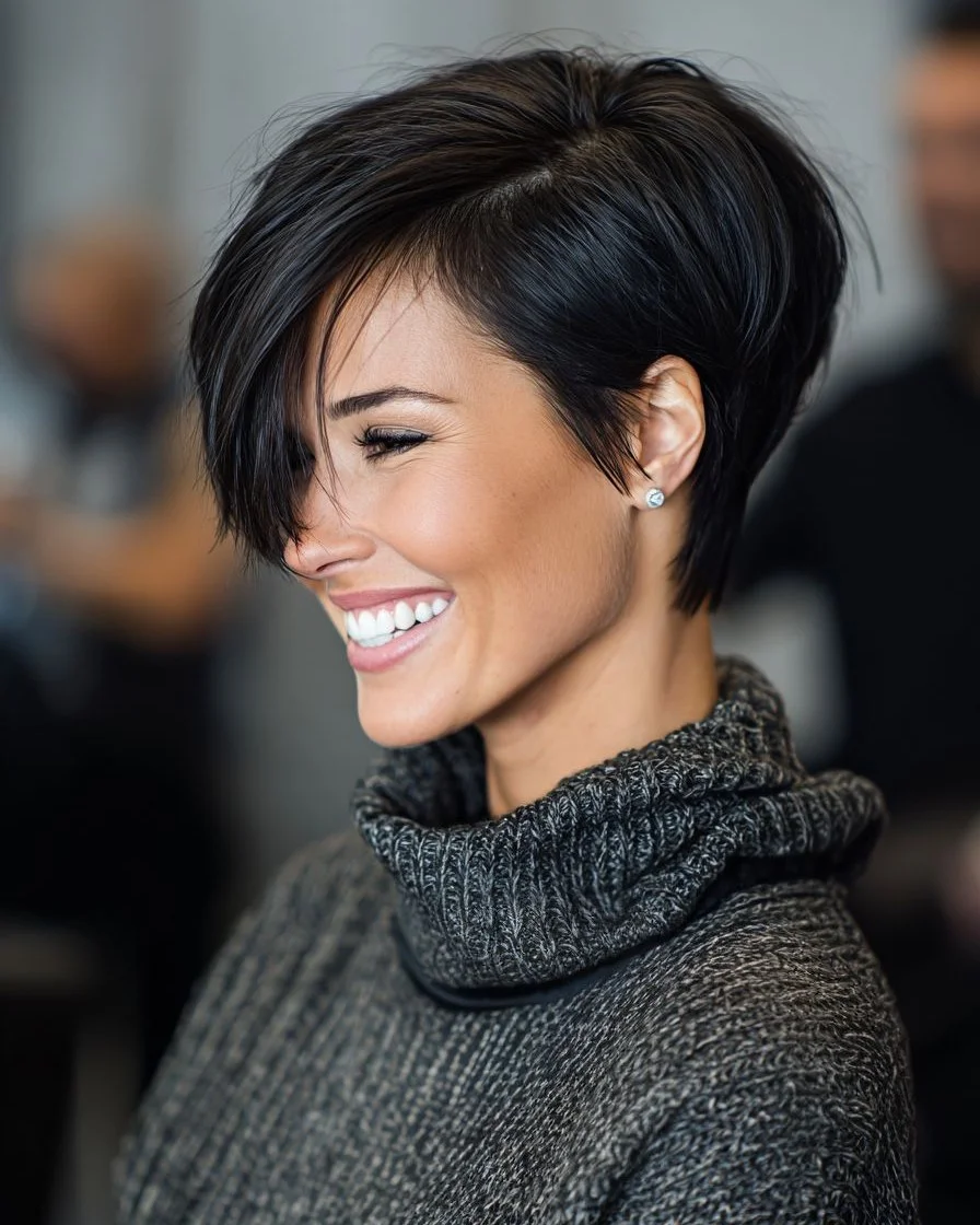 choppy summer haircuts for thin fine hair 2026 + Espresso Choppy Pixie Bob With a Dramatic Side Fringe