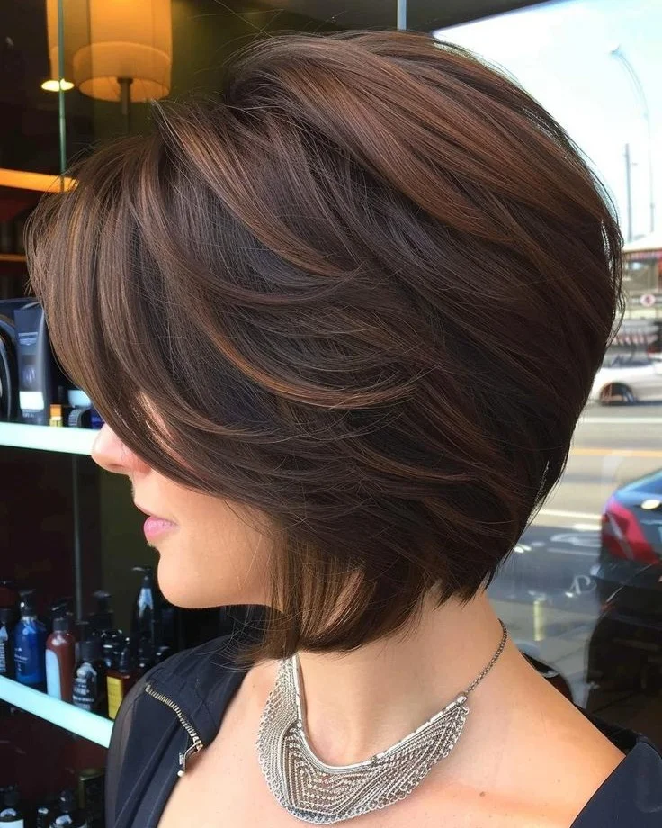 choppy summer haircuts for thin fine hair 2026 + Stacked Chocolate Bob With Feathered Choppy Layers