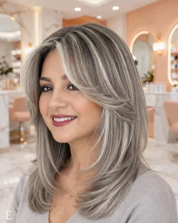choppy summer haircuts for thin fine hair 2026 + Silver Shoulder Length Layers With Airy Face Framing