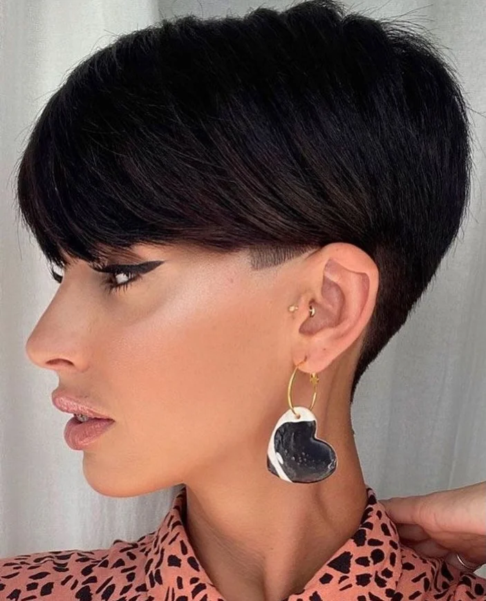 choppy summer haircuts for thin fine hair 2026 + Dark Choppy Pixie With Swept Over Fringe