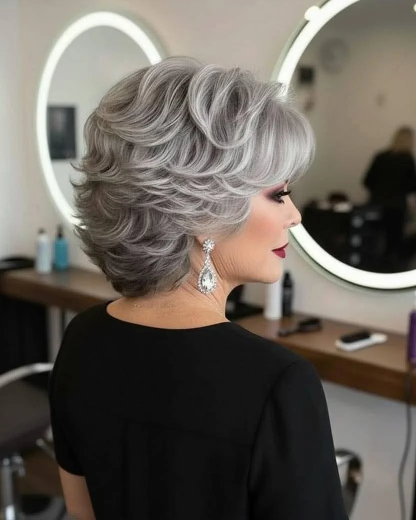 choppy summer haircuts for thin fine hair 2026 + Silver Feathered Layers With Celebration Ready Volume