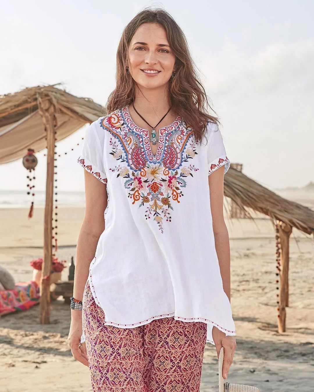comfy breathable summer outfits 2026 White Embroidered Top With Printed Beach Pants