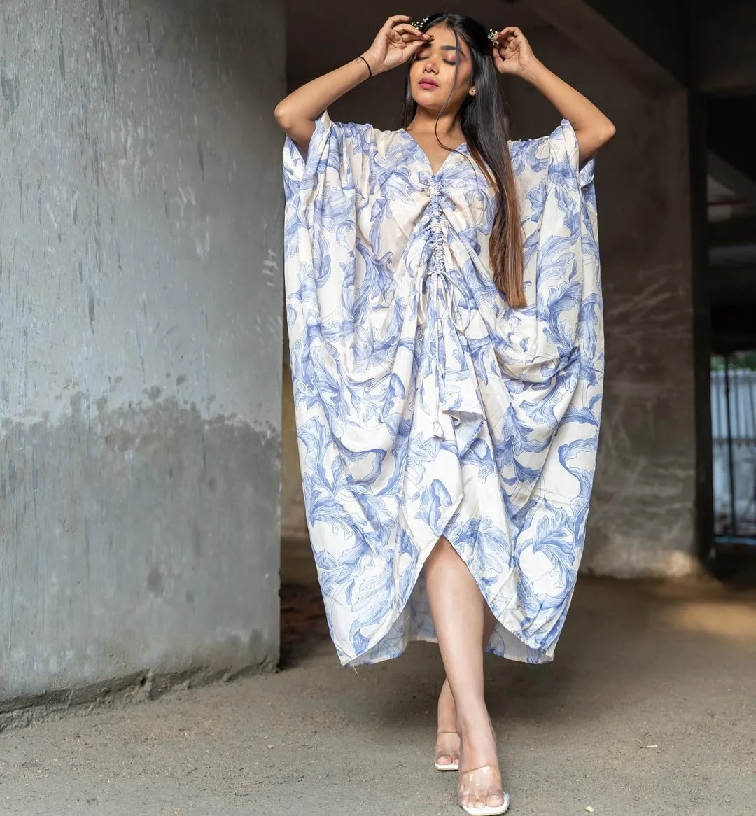 comfy breathable summer outfits 2026 Blue Floral Kaftan With Soft Draped Movement