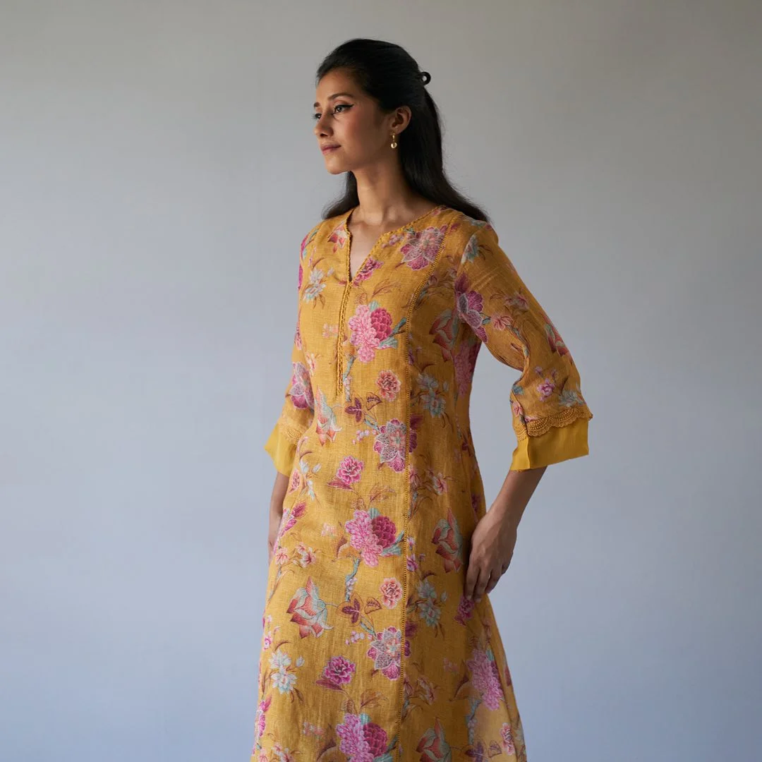 comfy breathable summer outfits 2026 Mustard Floral Kurta Dress With Gentle Summer Color