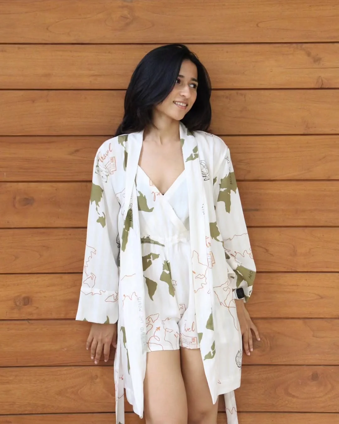 comfy breathable summer outfits 2026 Soft Printed Romper Set With a Breezy Robe Layer