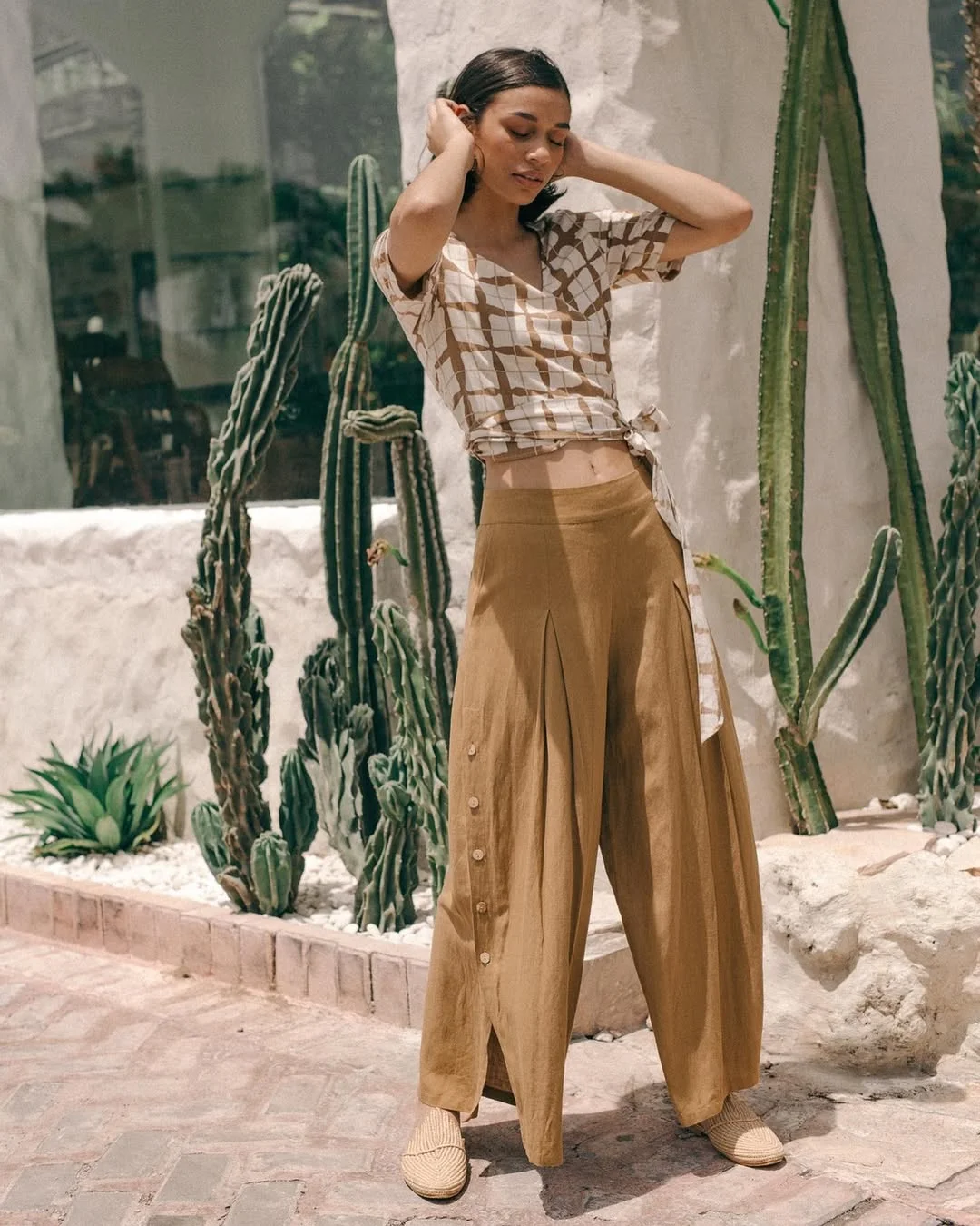 comfy breathable summer outfits 2026 Checked Wrap Top With Wide Tan Summer Pants