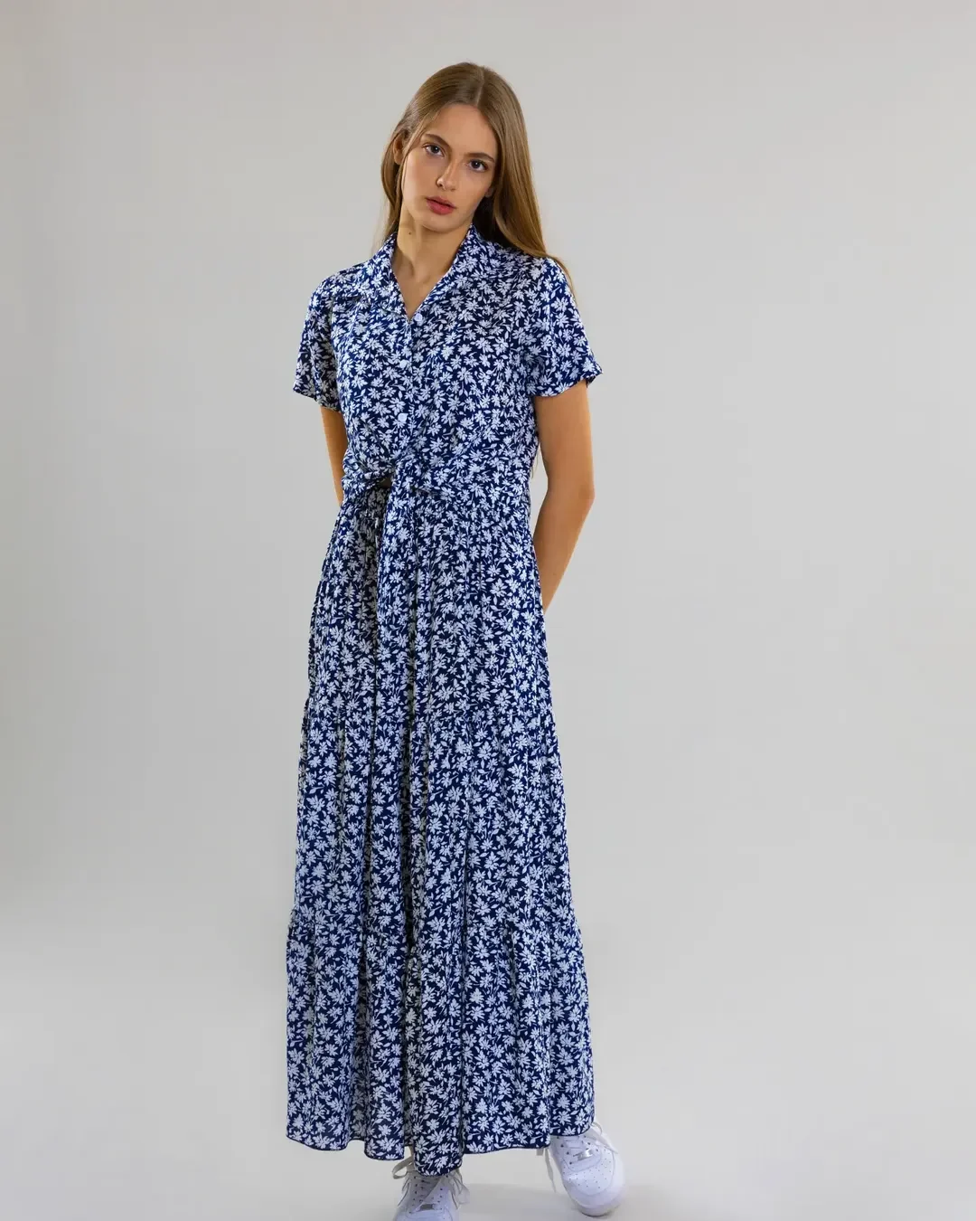 comfy breathable summer outfits 2026 Navy Floral Maxi Dress With Sneaker Comfort