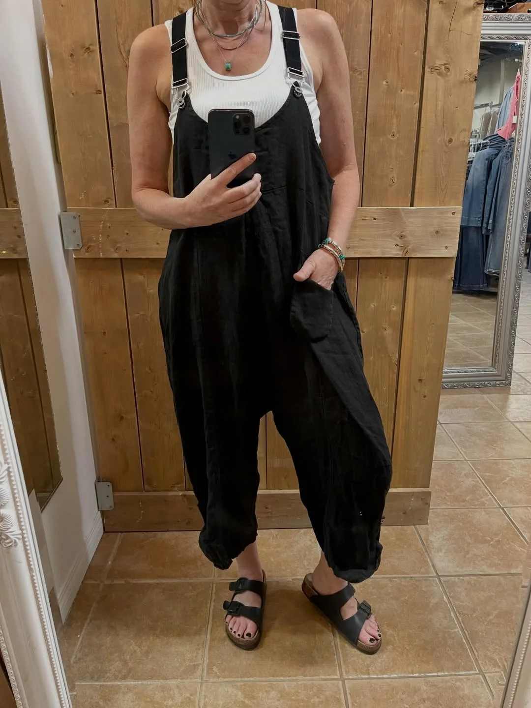 comfy breathable summer outfits 2026 Black Linen Overalls With a White Tank Base