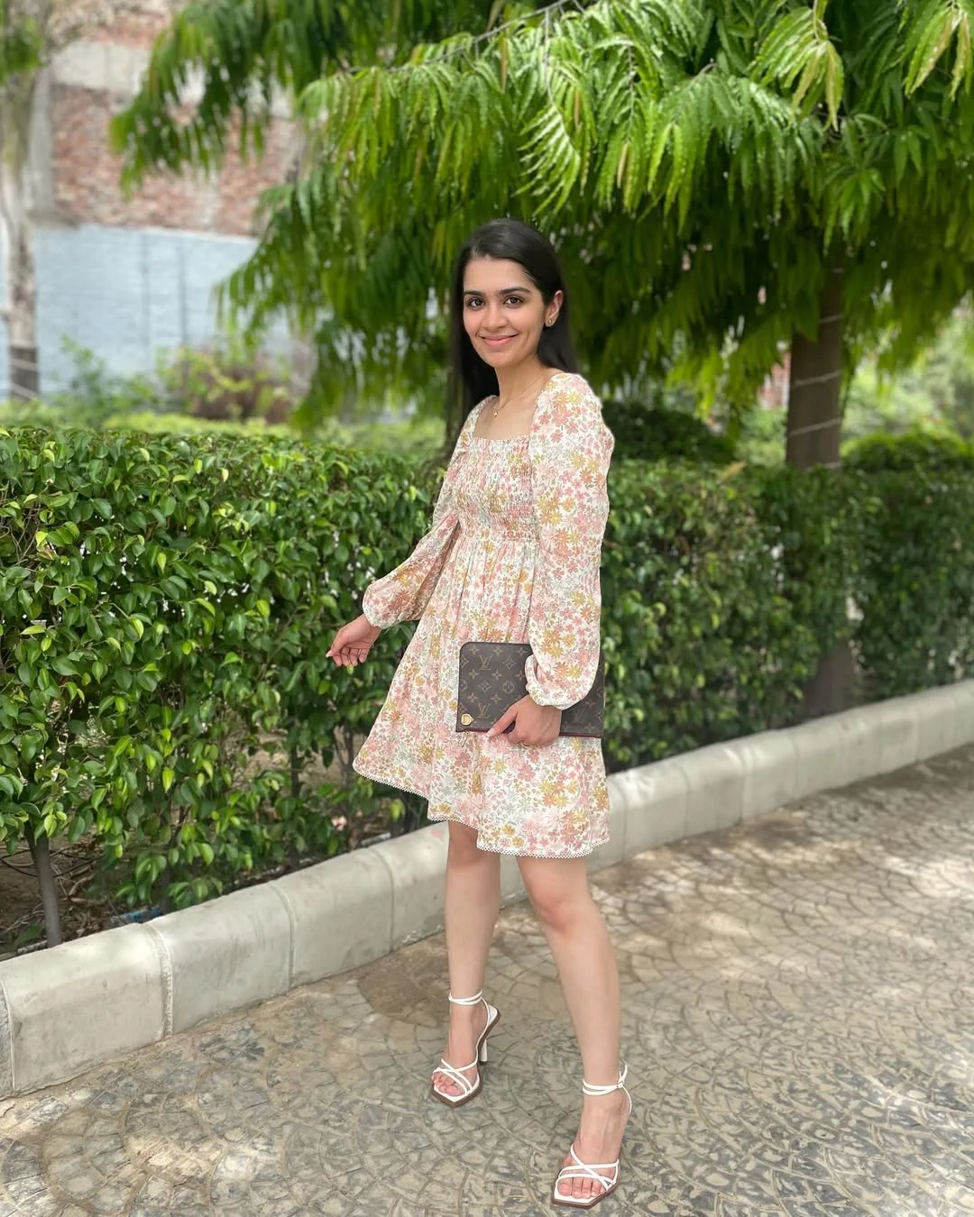 comfy breathable summer outfits 2026 Soft Floral Mini Dress With White Strappy Sandals