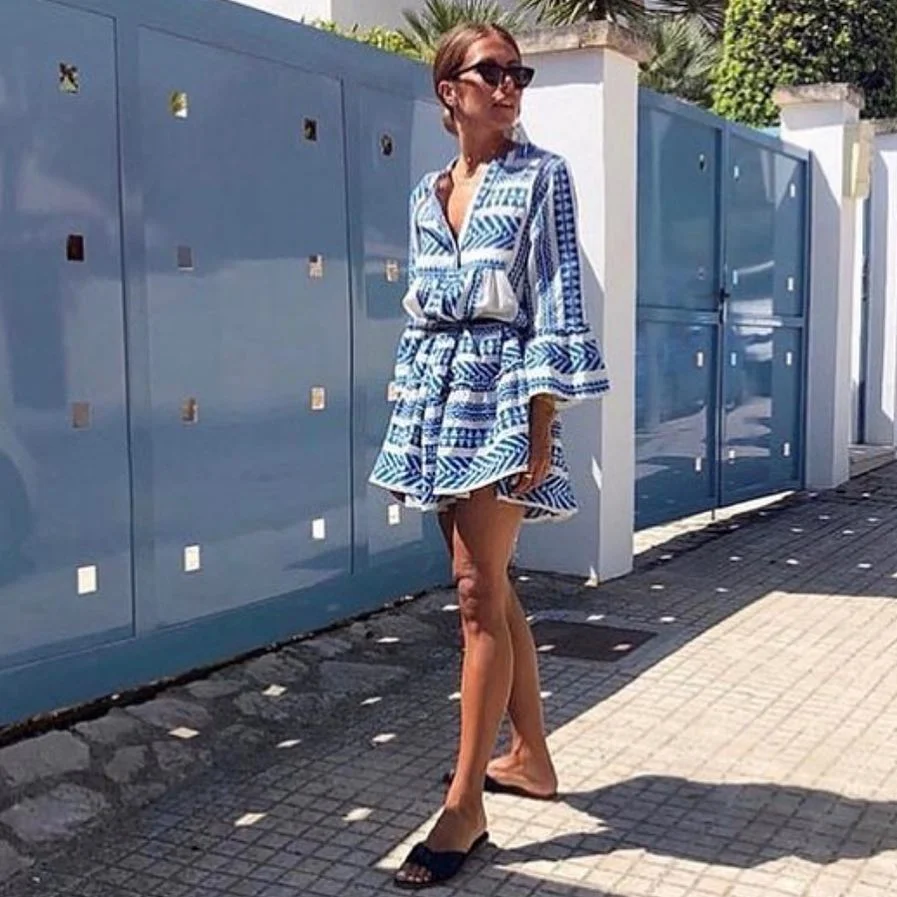 cute boho summer outfits 2026 Blue Printed Resort Romper for Relaxed Luxury