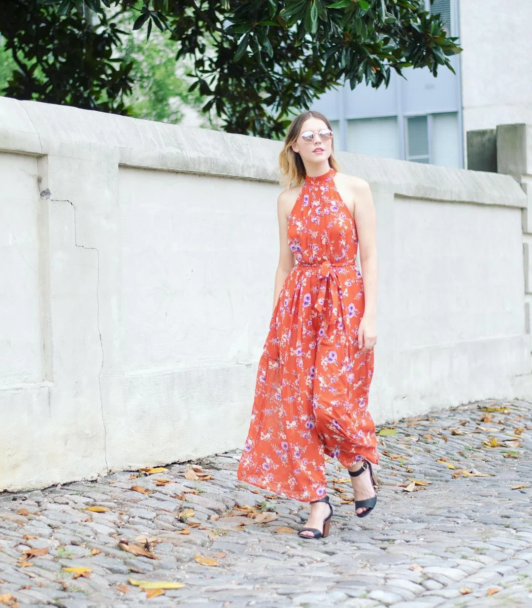 cute boho summer outfits 2026 Bold Floral Halter Maxi for Summer Nights