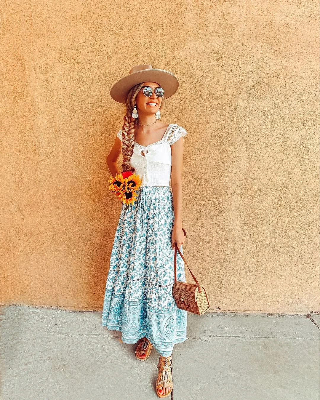 cute boho summer outfits 2026 Sunflower Market Day Maxi Skirt Look