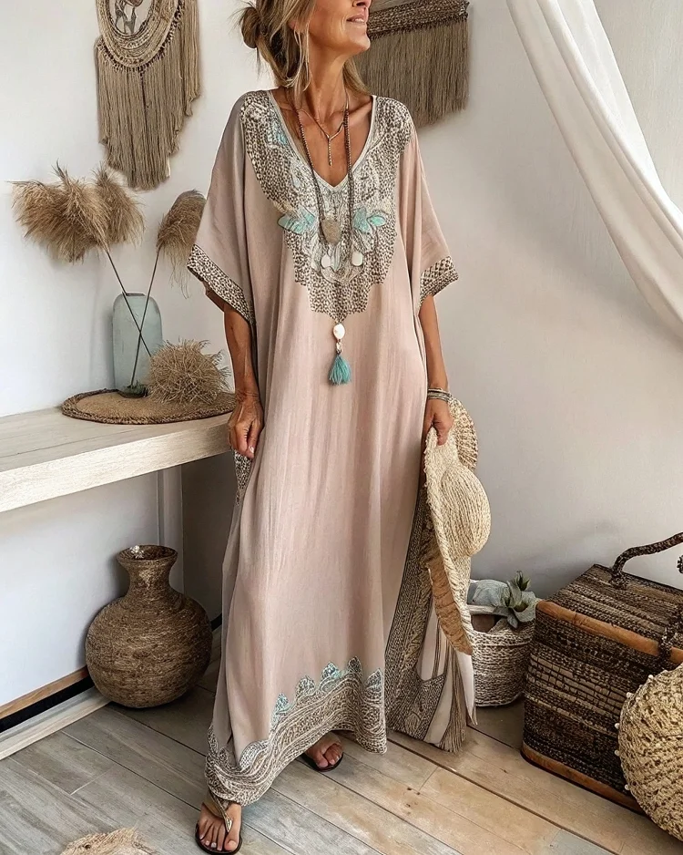 cute boho summer outfits 2026 Soft Neutral Kaftan with Luxe Bohemian Details