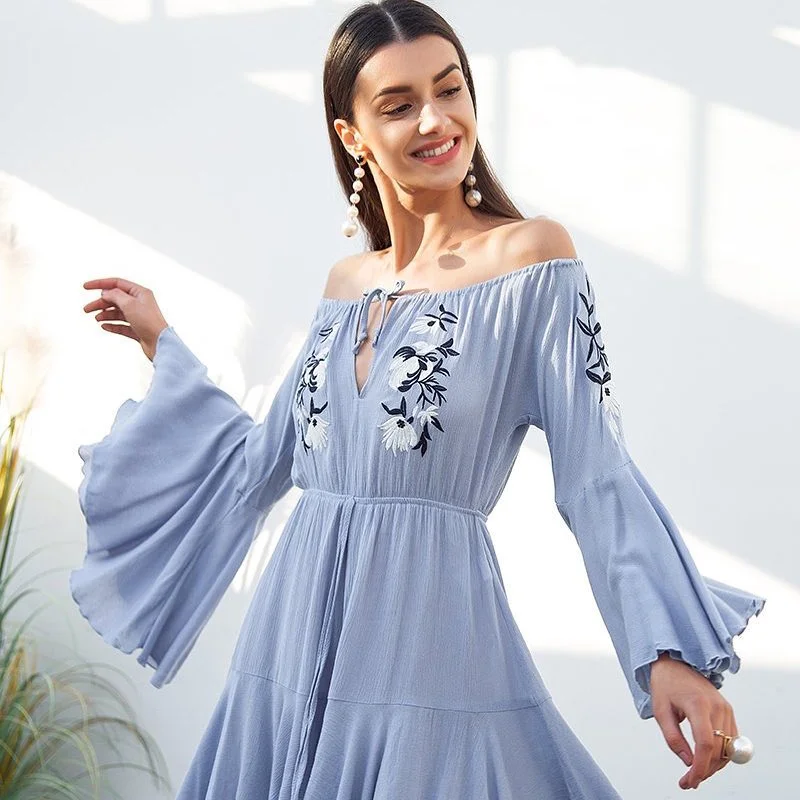 cute boho summer outfits 2026 Powder Blue Embroidered Dress with Romantic Sleeves