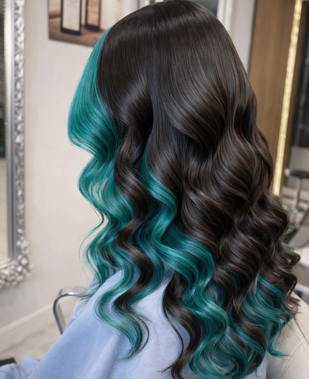 cute summer hair color ideas 2026 + Turquoise Peekaboo Waves Through Espresso Hair