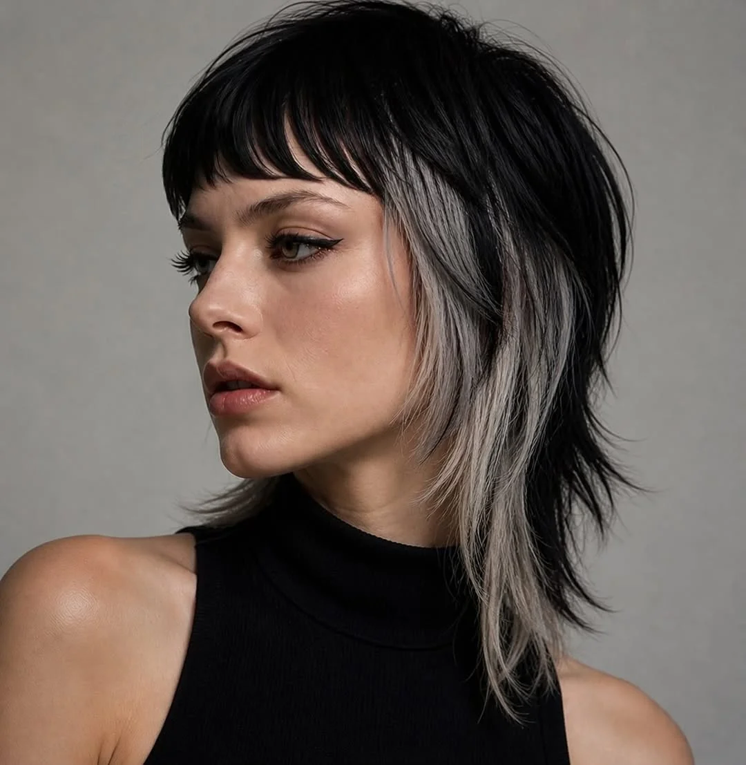cute summer hair color ideas 2026 + Silver Face-Framing Panels on a Midnight Shag