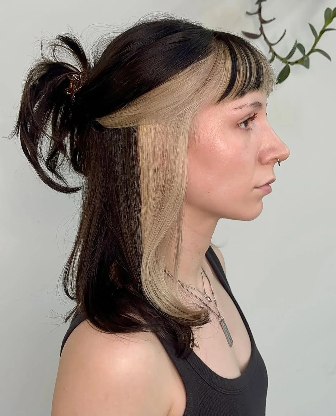 cute summer hair color ideas 2026 + Blonde Money Piece on a Half-Up Espresso Cut