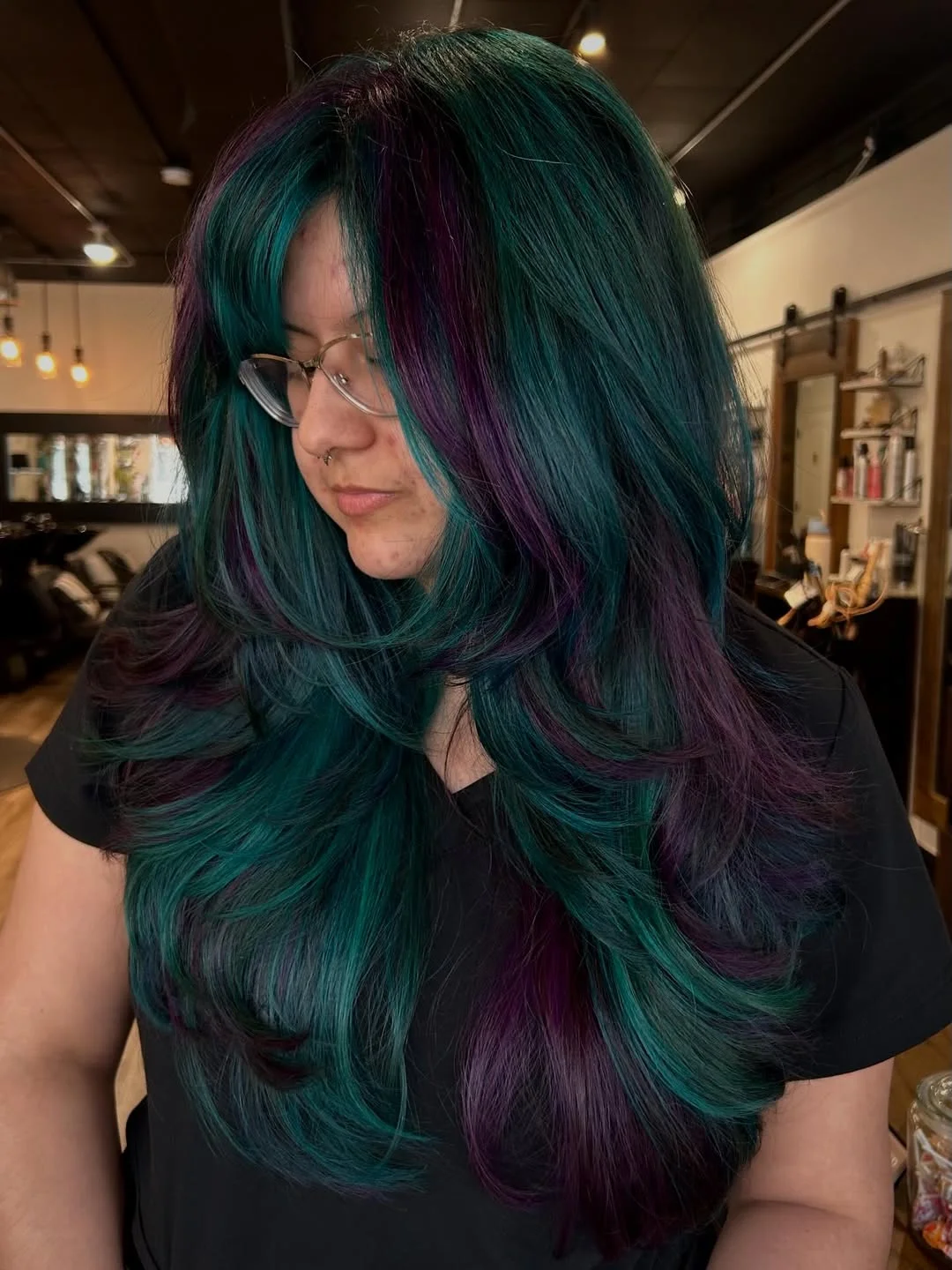 cute summer hair color ideas 2026 + Deep Teal and Plum Velvet Layers