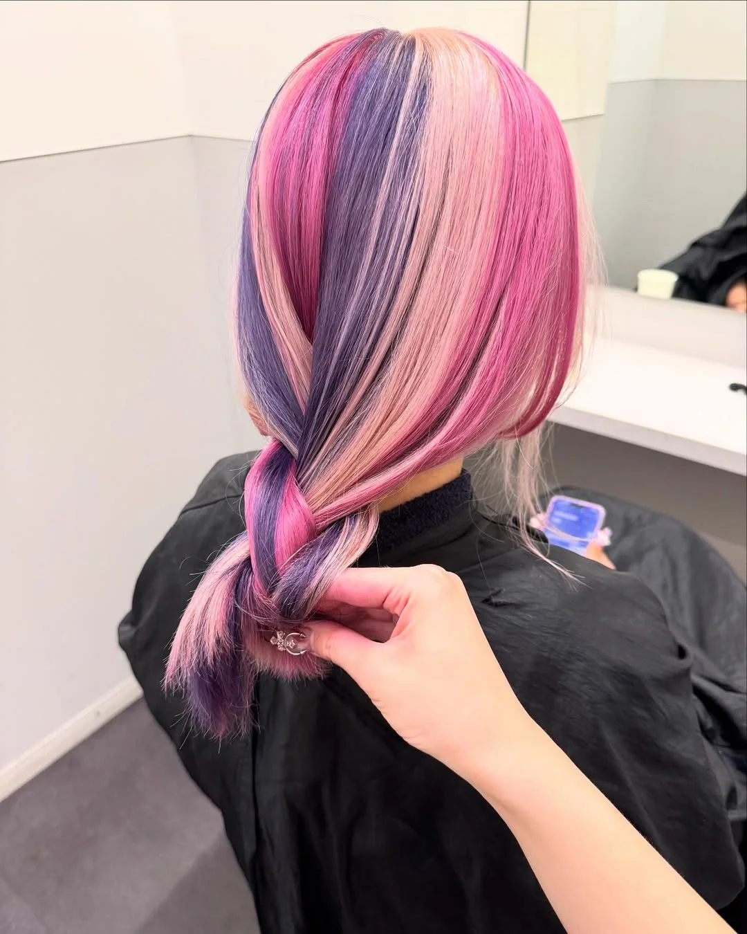 cute summer hair color ideas 2026 + Pink and Lilac Color Blocking in a Twisted Low Pony