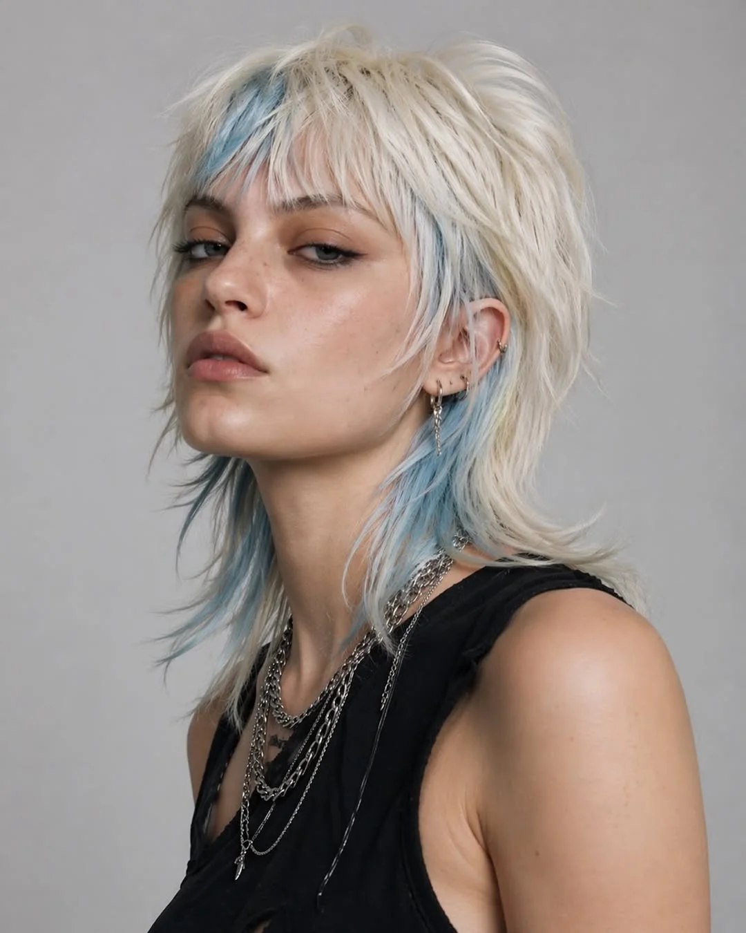 cute summer hair color ideas 2026 + Icy Blonde Wolf Cut with Powder Blue Underlights