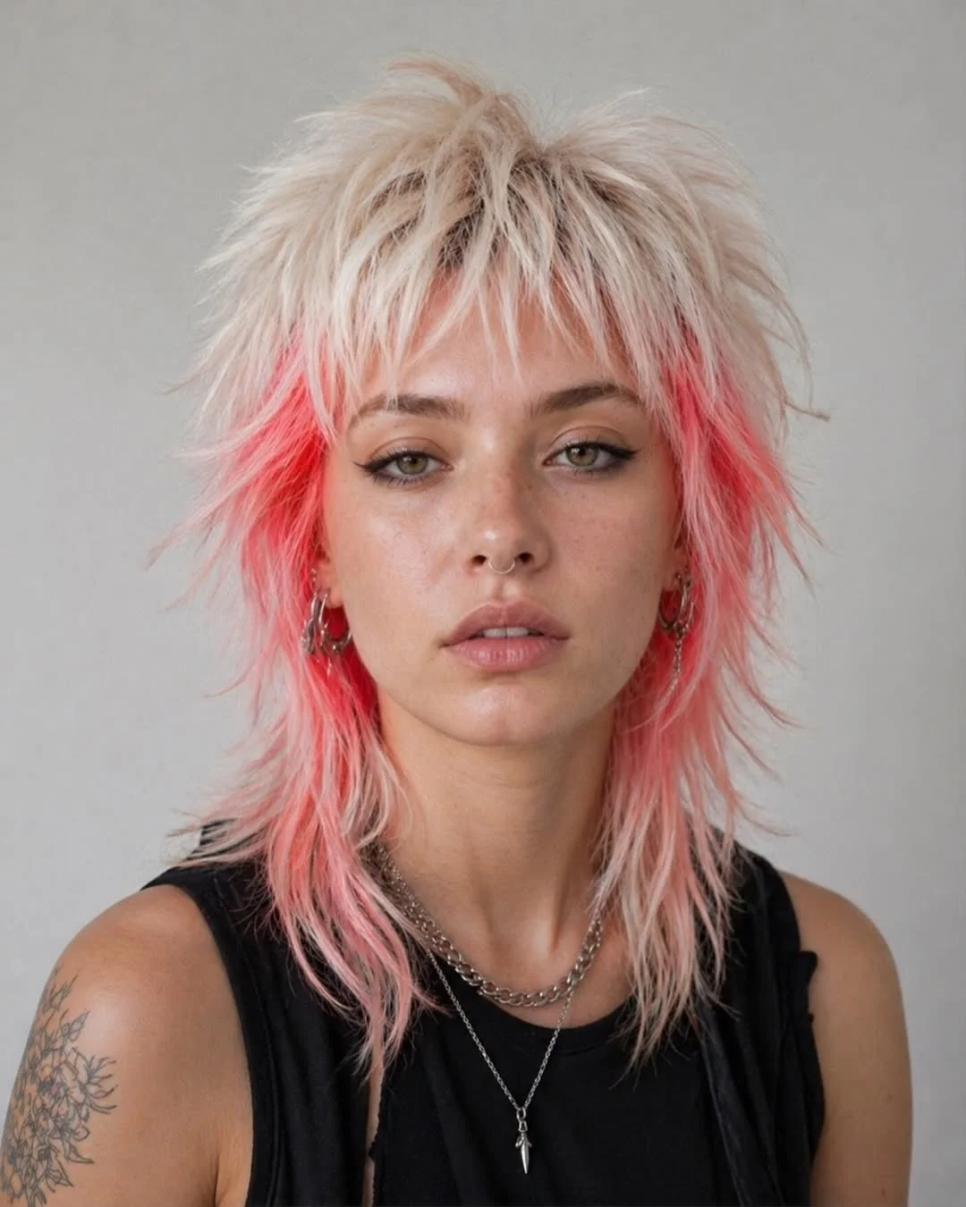 cute summer hair color ideas 2026 + Platinum Shag with Watermelon Pink Underlights