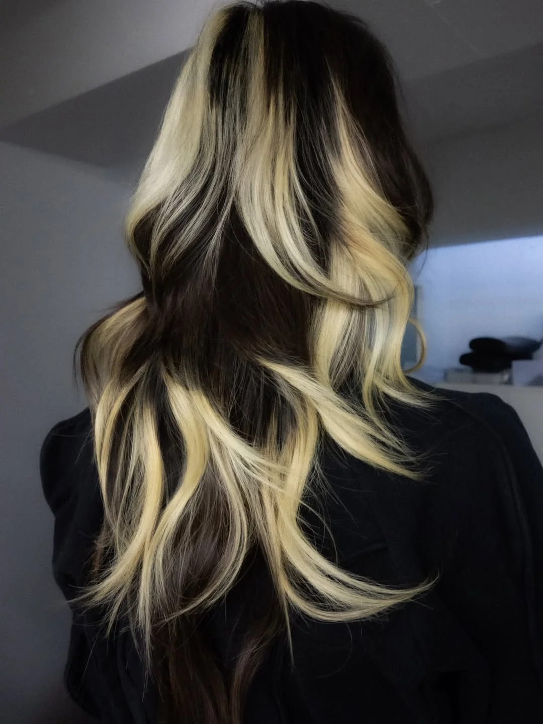 cute summer hair color ideas 2026 + Champagne Blonde Ribbons on Deep Brunette Waves