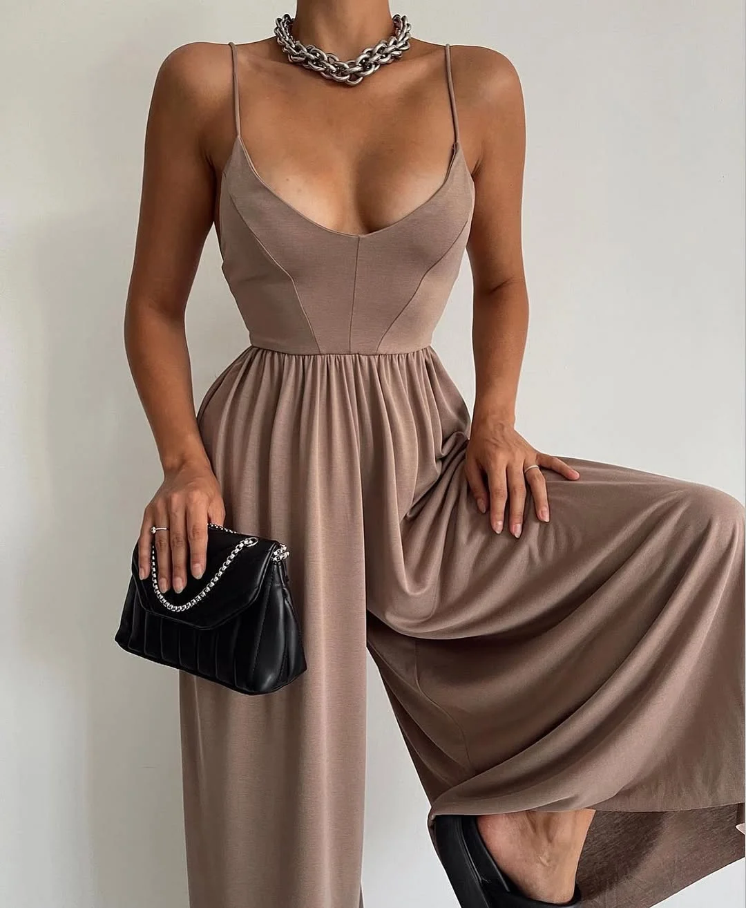 dressy summer jumpsuit outfits 2026 + Mocha Wide-Leg Jumpsuit With Polished Evening Energy
