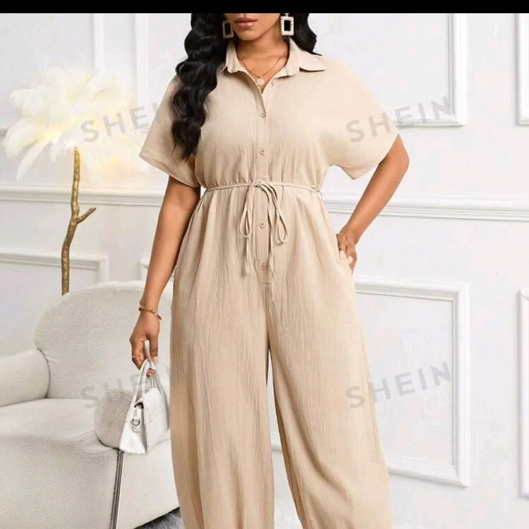 dressy summer jumpsuit outfits 2026 + Beige Button-Front Jumpsuit For Quiet Summer Elegance