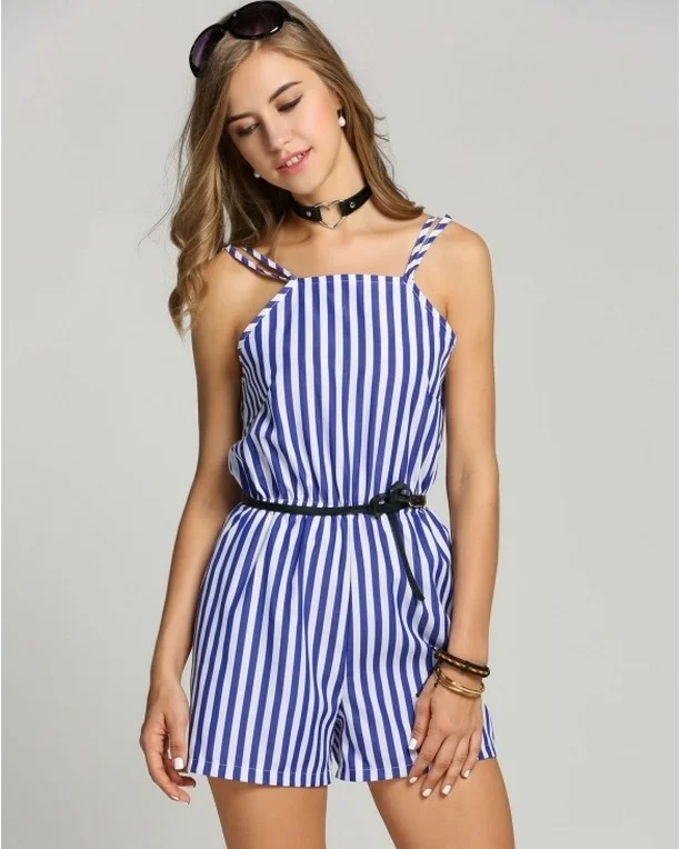 dressy summer jumpsuit outfits 2026 + Blue Striped Romper With Playful Warm-Weather Shape