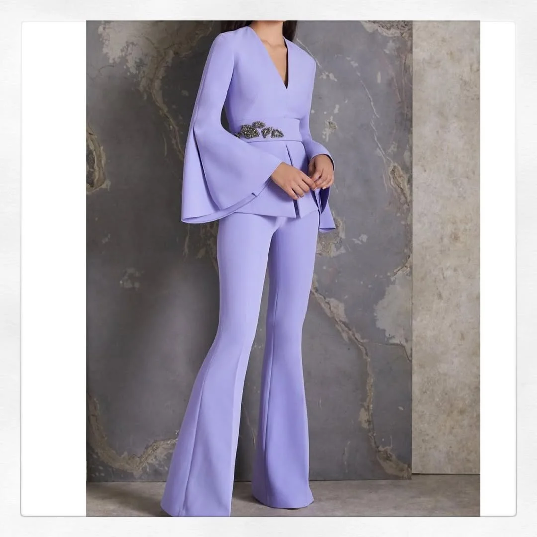 dressy summer jumpsuit outfits 2026 + Lavender Bell-Sleeve Jumpsuit With Formal Drama