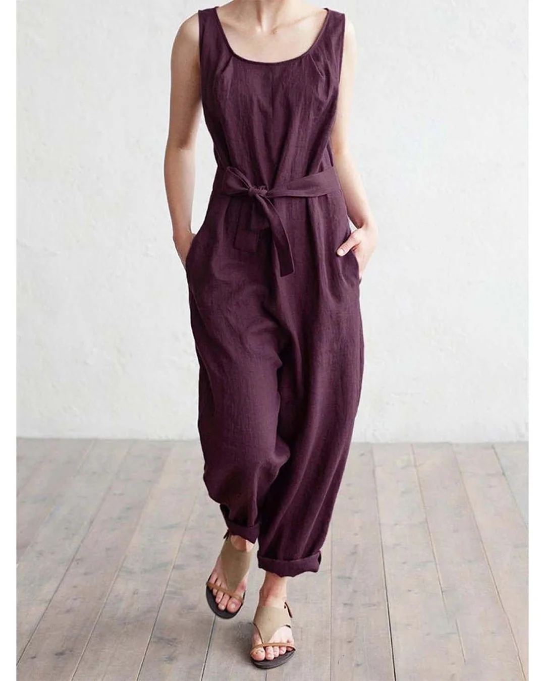dressy summer jumpsuit outfits 2026 + Burgundy Linen Jumpsuit With Relaxed Sophistication
