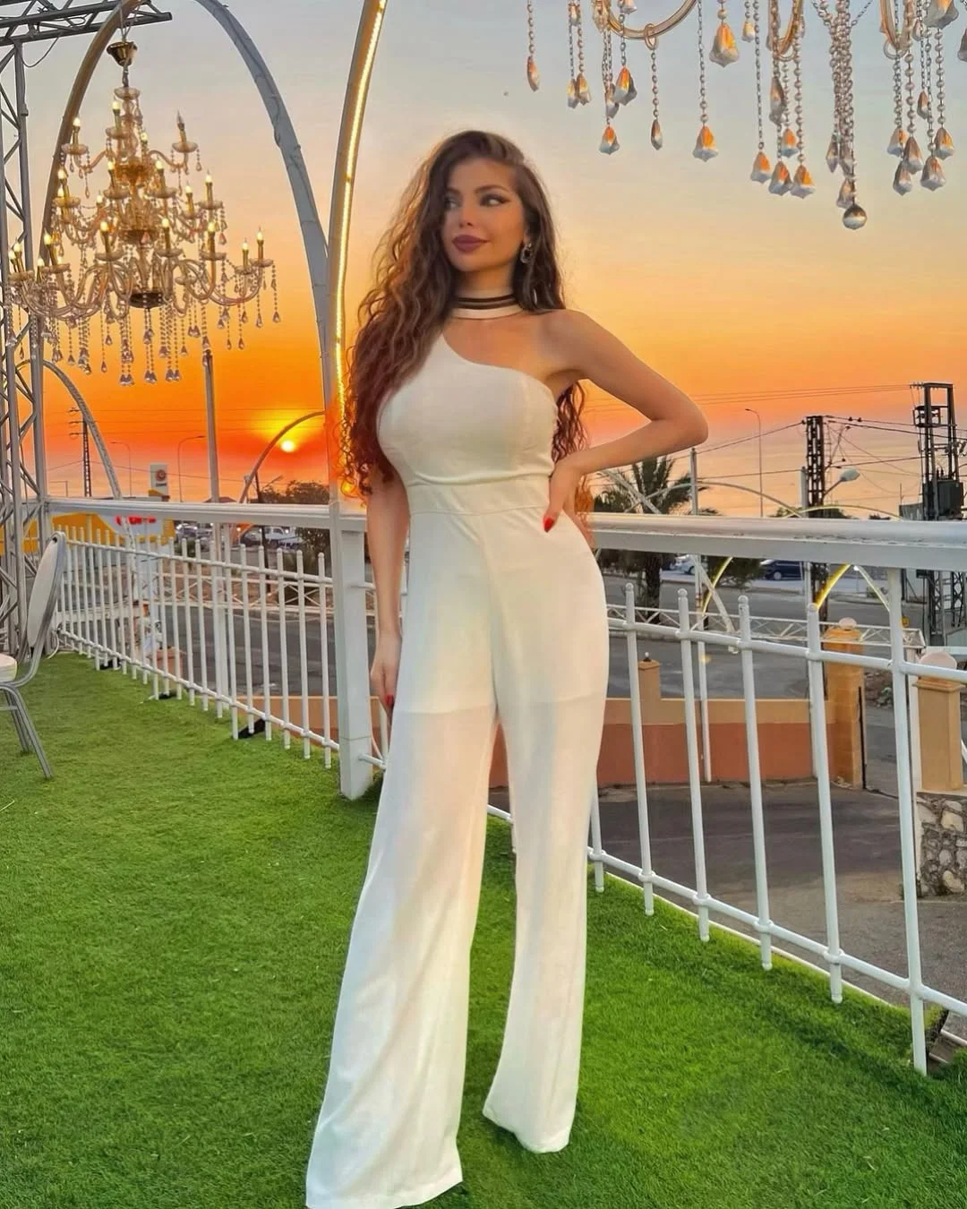 dressy summer jumpsuit outfits 2026 + White One-Shoulder Jumpsuit For Sunset Celebrations