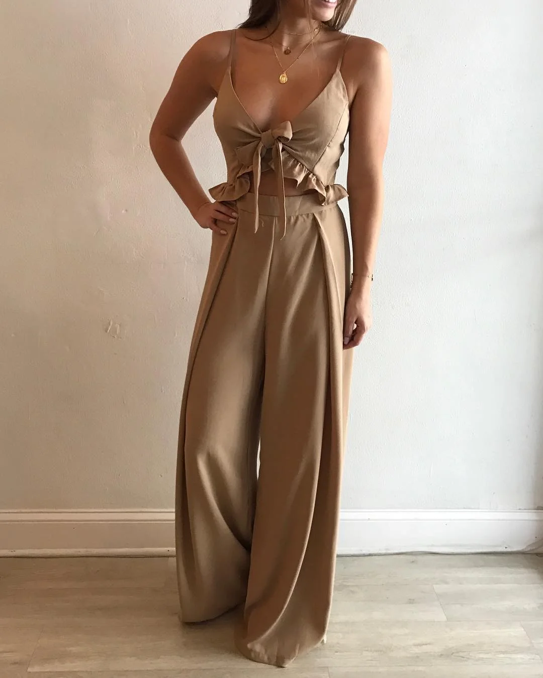 dressy summer jumpsuit outfits 2026 + Soft Camel Two-Piece With Jumpsuit-Like Flow