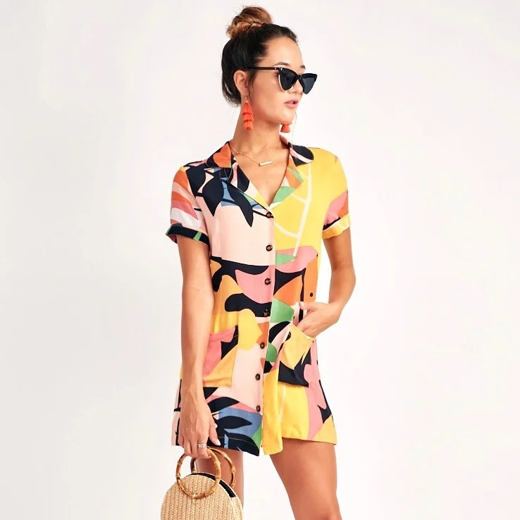 dressy summer jumpsuit outfits 2026 + Colorful Shirt Romper For Vacation Brunch Energy