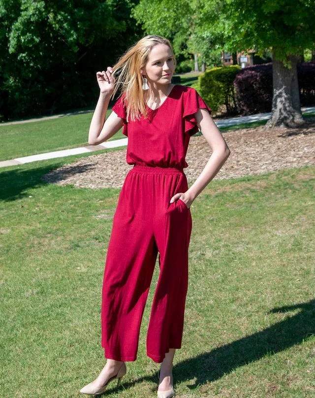 dressy summer jumpsuit outfits 2026 + Ruby Red Wide-Leg Jumpsuit With Garden Party Ease