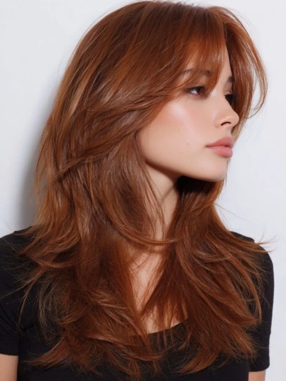 effortless summer haircuts for long hair 2026 + Auburn Shag Layers with Feathered Fringe