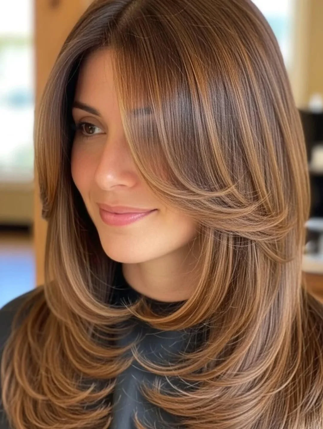 effortless summer haircuts for long hair 2026 + Caramel Glass Layers with a Sweeping Side Frame